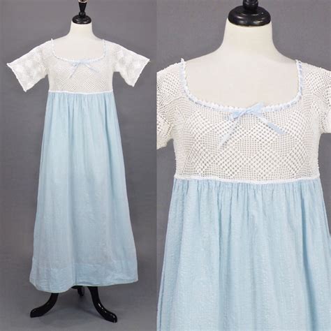 Edwardian Nightgown Antique 1910s Blue Cotton Croche Gem