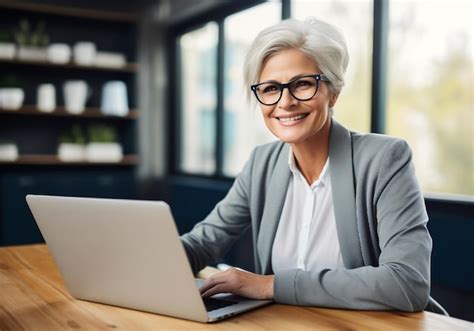Premium AI Image Smiling Mature Businesswoman Sitting At Table Using