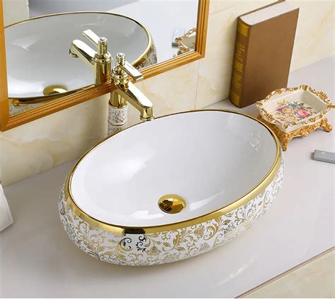 Luxury Golden Vanity Table Top Wash Basin Ceramic Art Oval Lavabo