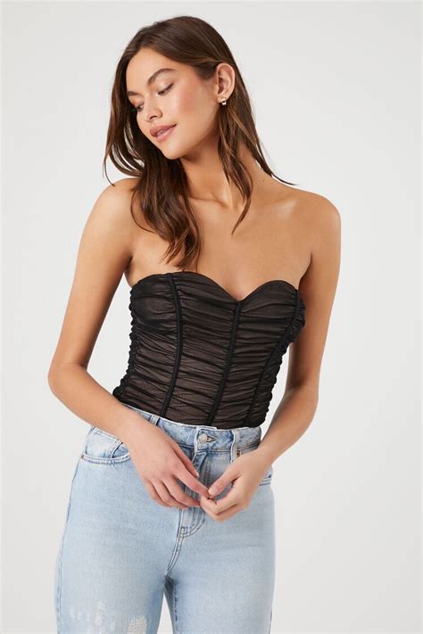 Forever 21 Mesh Ruched Sweetheart Bodysuit Black Nude Forever21usa