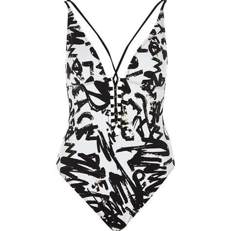 River Island Black Graffiti Print Strappy Plunge Swimsuit 70 Liked