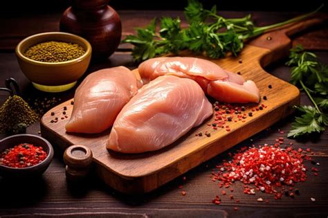 Premium AI Image Raw Chicken Fillet With On Wooden Board Generative AI