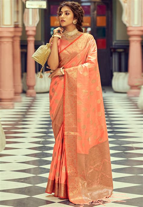 Silk Saree With Blouse In Peach Colour 10061