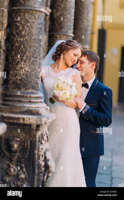 Sensual Romantic Groom Hugging Beautiful Bride From Behind Touching