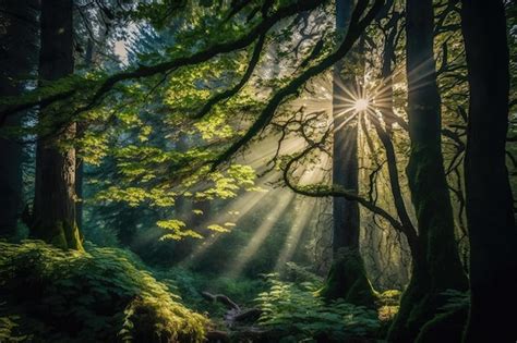 Escena De Bosque Natural Y Vibrante Con Rayos De Sol Que Iluminan El