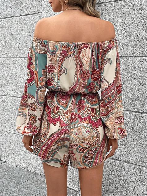 Shein Lune Paisley Print Off Shoulder Lantern Sleeve Romper Shein Usa