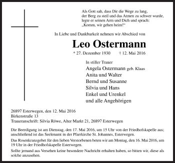 Traueranzeigen Von Leo Ostermann Noz Trauerportal