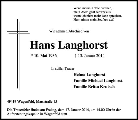 Traueranzeigen Von Hans Langhorst Trauer Kreiszeitung De