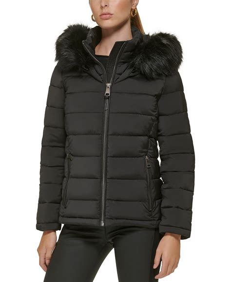 Dkny Womens Faux Fur Trim Hooded Puffer Coat Macys