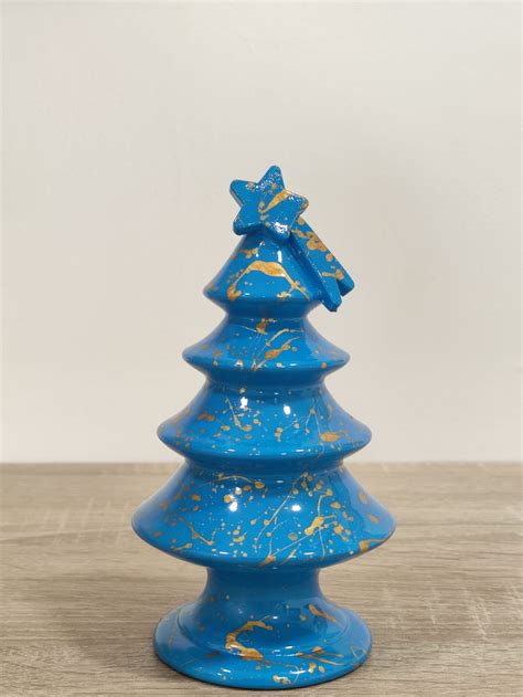 Albero Di Natale In Ceramica Cm Azzurro E Oro