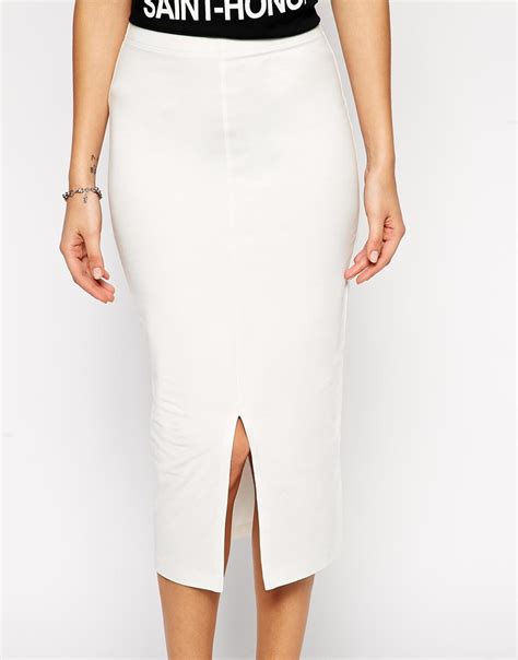 Asos Midi Pencil Skirt With Front Split In White Lyst