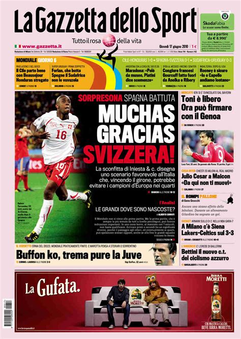 Prima Pagina De La Gazzetta Dello Sport Del 17 Giugno 2010