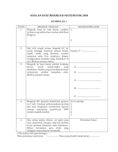 Doc Soalan Kuiz Rekreasi Matematik Dokumen Tips