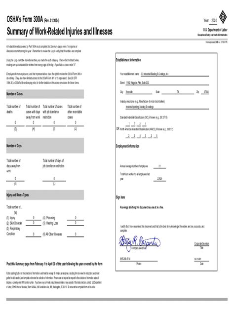 Fillable Online Osha S Form A Rev Summary Of Work Related