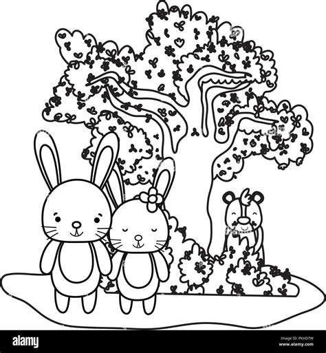 Outline Couple Rabbit Animal And Bear Next To Tree Stock Vector Image