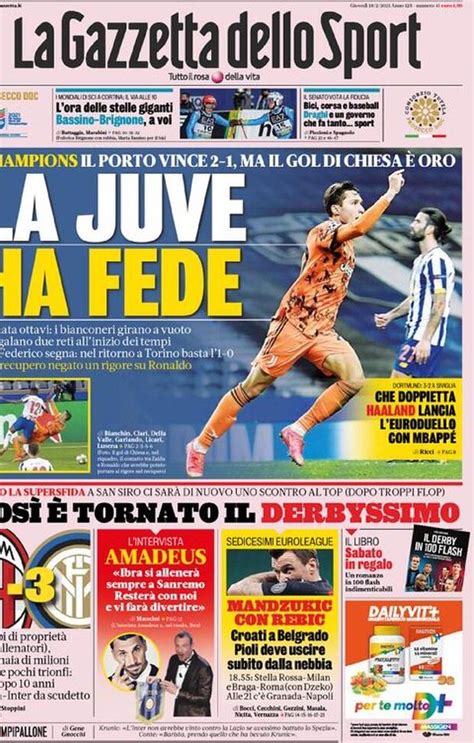 Gazzetta Dello Sport La Prima Pagina Di Oggi 18 Febbraio 2021