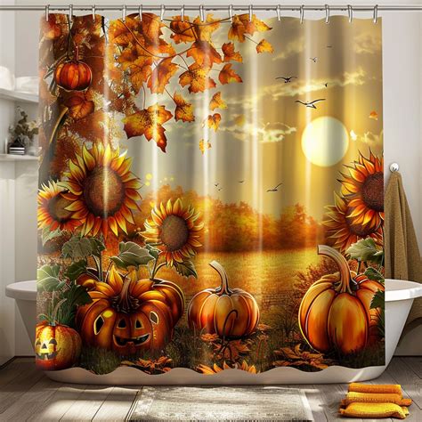 Autumn Harvest Shower Curtain Sunflower And Pumpkin Design In Hyper