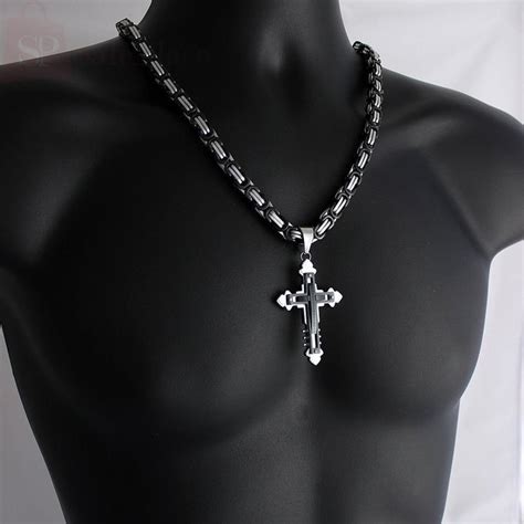 Mens Stainless Steel Black Silver Byzantine Chain Necklace Cross