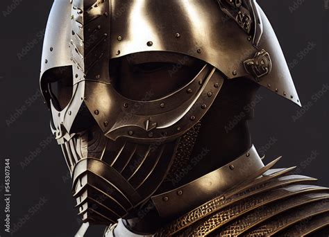 Fierce Medieval Armored Knight Engraved Skeletal Teeth On Armored Mask