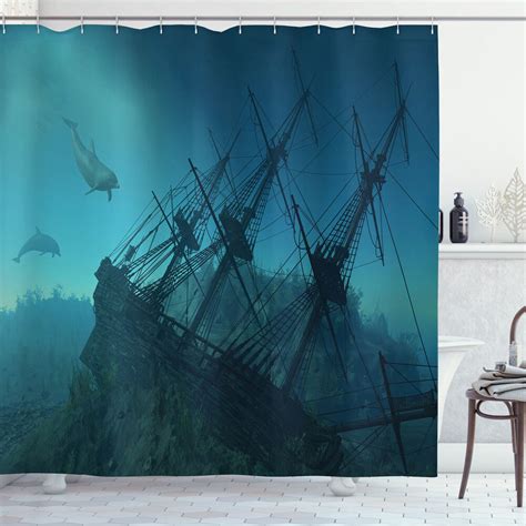 Dive Into Serenity Dolphin And Ship Underwater Print Shower Curtain