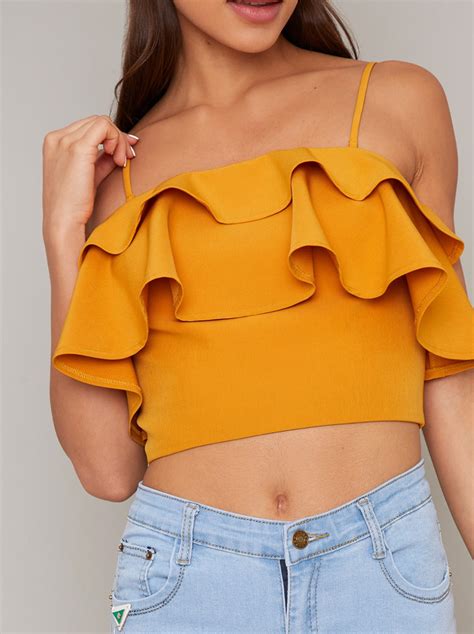 Cami Strap Ruffle Crop Top In Yellow Chi Chi London