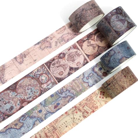 YUBX Vintage Washi Tape Set 4 Rolls Retro Map Masking Decorative Tapes