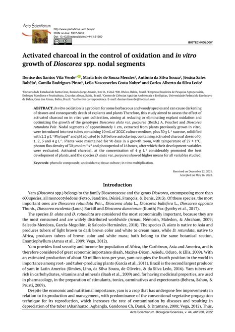 Pdf Activated Charcoal In The Control Of Oxidation And In Vitro Growth Of Dioscorea Spp Nodal