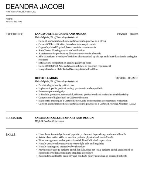 Nursing Assistant Resume Cna Anschreiben Beispiel Kickresume