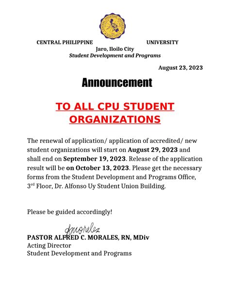 To All Cpu Student Organizations Central Philippine University