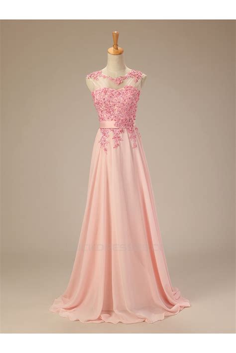 A Line Beaded Applique Long Pink Chiffon Prom Evening Formal Dresses