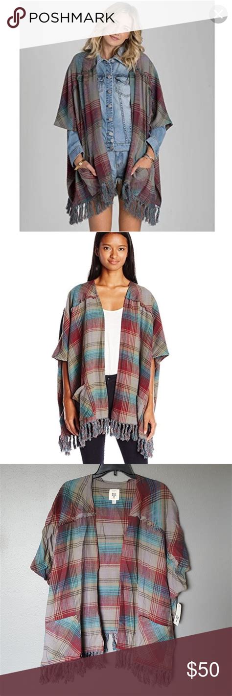 《billabong》beach Boho Plaid Fringe Open Poncho Boho Plaid Clothes