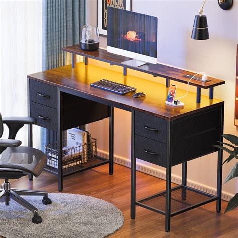 55.1" LED Gaming Desk with Drawers, Computer Desk with Outlets, Office ...