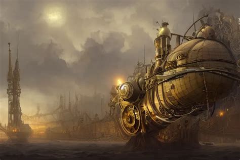 Wide View Of A Steampunk Airship Docking With A Tall Stable Diffusion