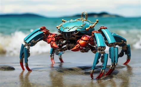 Premium Photo Robot Crab On The Seashore Among The Rocks