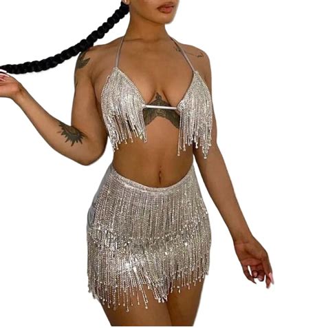 Luxury Sexy Girls Rhinestone Bikini Style Shiny Performance Dancewear Stripper Outfits Night