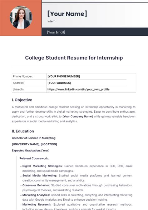 Free College Student Resume For Internship Template To Edit Online