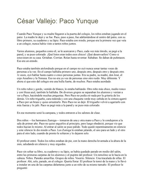 Paco Yunque resumen y sipnosis César Vallejo Paco Yunque Cuando