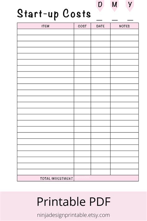 Printable Start Up Cost Sheet For Business Etsy Canada Cost Sheet