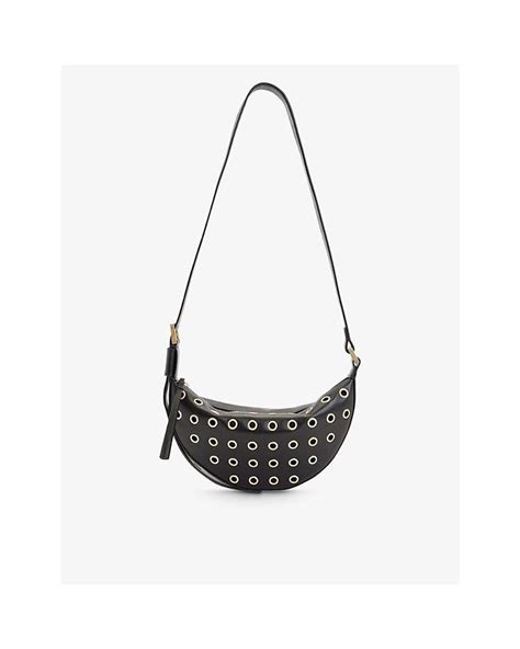 Allsaints Half Moon Gold Toned Eyelet Leather Cross Body Bag In Black