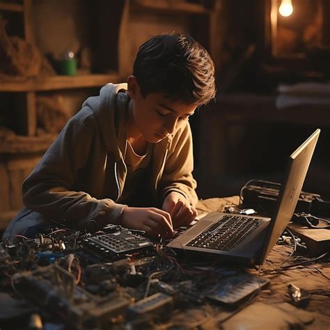 Premium AI Image | A Boy Coding a Homemade Computer Focus and Dedication on the Slum Kid ...