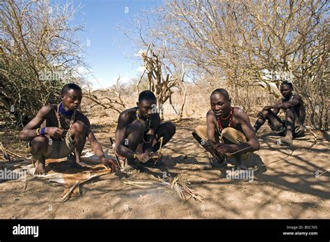 Hadza Men Bending A Hunting Arrow Over A Fire Lake Eyasi Tanzania Stock