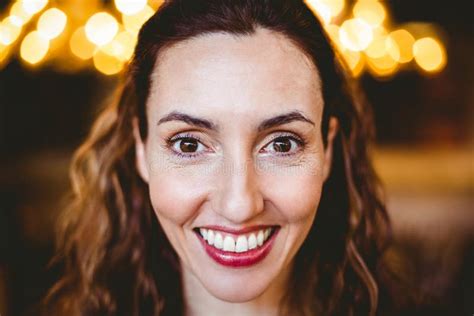 Close Up Of Pretty Brunette Smiling At Camera Stock Photo Image Of Close Smiling