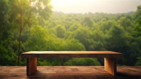 Nature Framed Wooden Table In Stunning 3d Render Background Green