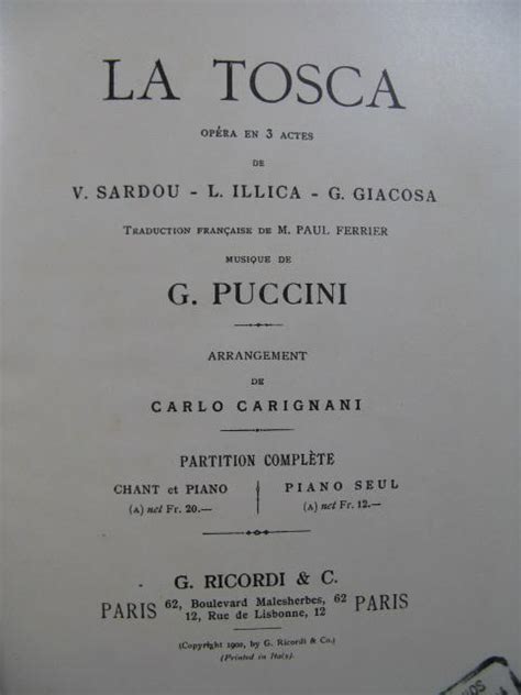 PUCCINI Giacomo La Tosca Opera Piano Chant 1902 By PUCCINI Giacomo La