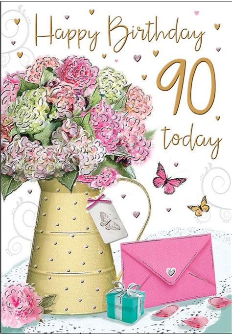 90th Birthday Card Female Pink Flowers Regal Gift Envy