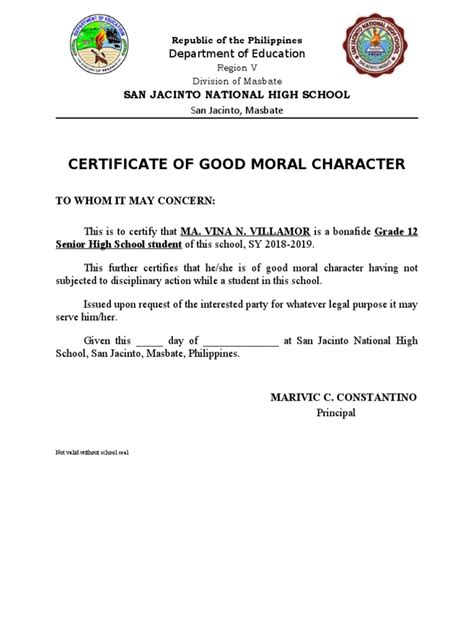 Good Moral Character Certificate Pdf