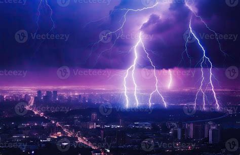 Lightning Storm Over City In Blue Light Created With Generative Ai