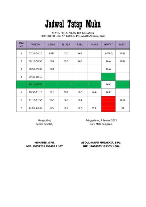 Contoh Format Jadwal Tatap Muka Guru Sd Terbaru