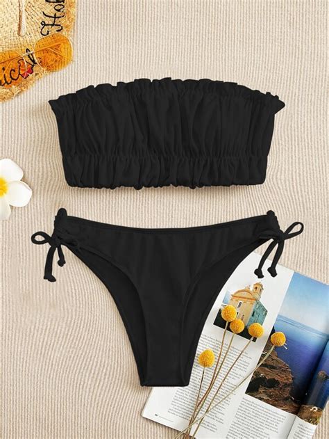 SHEIN MOD Prążkowana Dzianina Zestaw bikini Falbanka Góra bikini