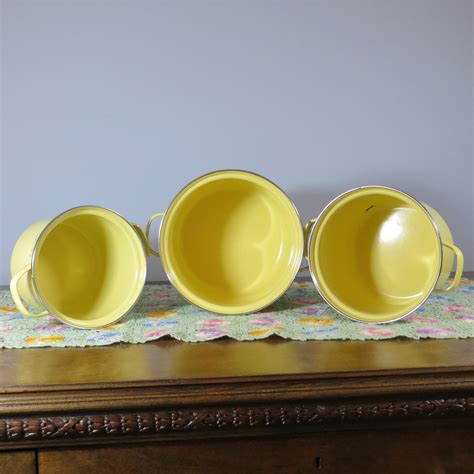 Vintage Yellow Enamel Cookware Set Set Of 3 Enamel Stock Etsy